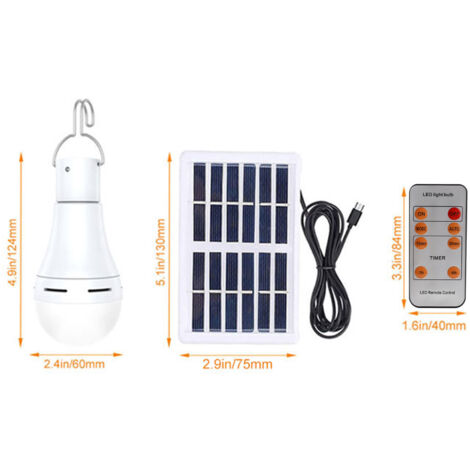 Ampoule LED à énergie solaire, lampe de secours intérieure et extérieure, portable, pour camping, avec télécommande, modes réglables et minuterie, IP65, étanche à la pluie