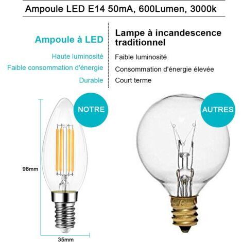 Ampoule LED à filament rétro E14, EXTRASTAR 4W équivalent à une ampoule à incandescence de 40W, culot E14 rétro Edison, lumière blanc chaud 3000K 400LM, lot de 6 [Classe énergétique A++]