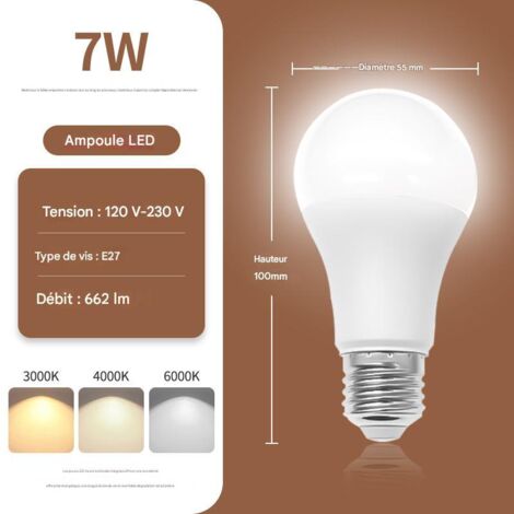 Ampoule LED à spectre complet et faible empreinte carbone, culot E27, 3 W - 9 W, température de couleur réglable, pour un éclairage domestique écoénergétique et respectueux des yeux-7W