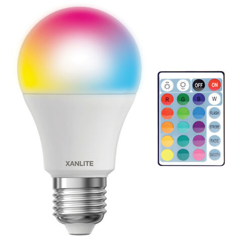 Ampoule LED A60, culot E27, 5W cons. (60W eq.), lumière blanc chaud ou lumière RVB avec télécommande