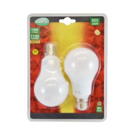 VISION-EL LOT de 2 ampoules 12W LED (éq 110W) Culot B22 - 3000°K - 1100 lm - opale