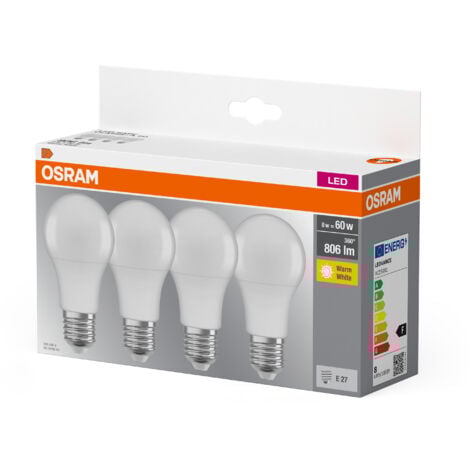 4x Osram Ampoule LED Base Classic A, sous forme de piston avec prise E27, non grasable, remplace 60 watts, mat, blanc chaud, blanc chaud - 2700 kelvin