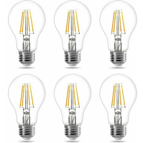 Ampoule LED E27 Ampoule E27, 7W E27 LED, E27 LED Blanc Chaud, Lot de 6, Lampe à Filament 806 Lumen, Forme d'Ampoule Classique, 2700 Kelvin Blanc Chaud, Remplace 60 Watt, Style Filament Clair