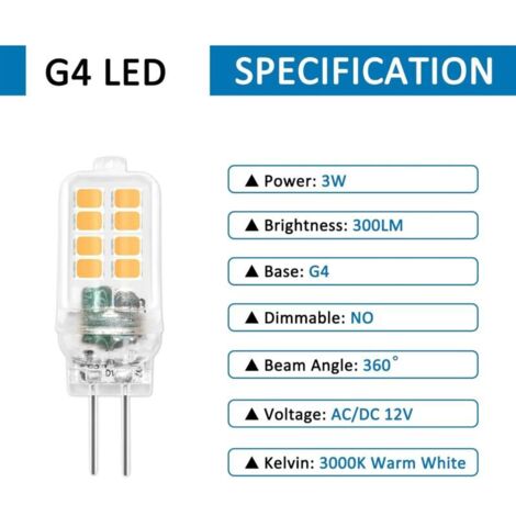 Ampoule LED G4 12V 3W, Non Dimmable, 16SMD 300LM Blanc Chaud 3000K, Équivalent 25W G4 Ampoule Halogène, Ampoule G4 LED pour Lustre, Lumière d'armoire, Éclairage Paysager, Chambre, Lot de 6