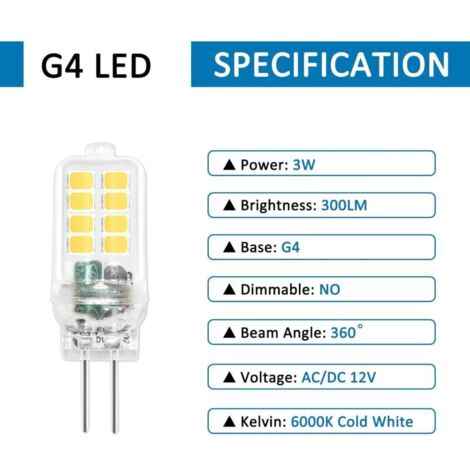 Ampoule LED G4 12V 3W, Non Dimmable, 16SMD 300LM Blanc Froid 6000K, Équivalent 25W G4 Ampoule Halogène, Ampoule G4 LED pour Lustre, Éclairage Paysager, Lumière d'armoire, Chambre, Lot de 6
