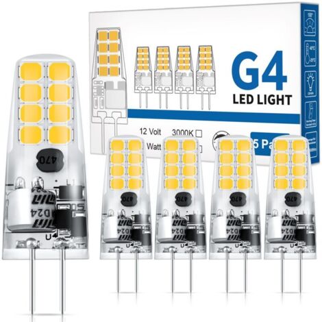 Ampoule LED G4 12V AC/DC, 300LM Blanc Chaud 3000K, 2W Équivalent 25W Ampoule Halogène, Sans Scintillement, Non-Dimmable, LED 12V pour Lustre, Hotte d'aspiration pour la Cuisine, Lot de 5 [Classe énerg