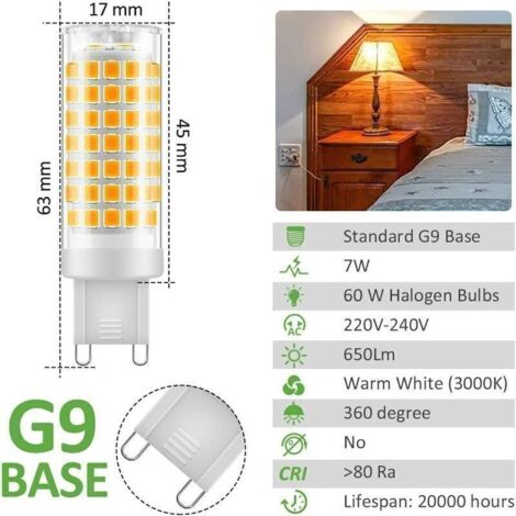 Ampoule LED G9 - 7W. Blanc Chaud 3000K. 650LM. Économie d'Énergie Équivalente à une Lumière Halogène de 60W. Angle de 360 Degrés. AC220-240V - Pack de 6