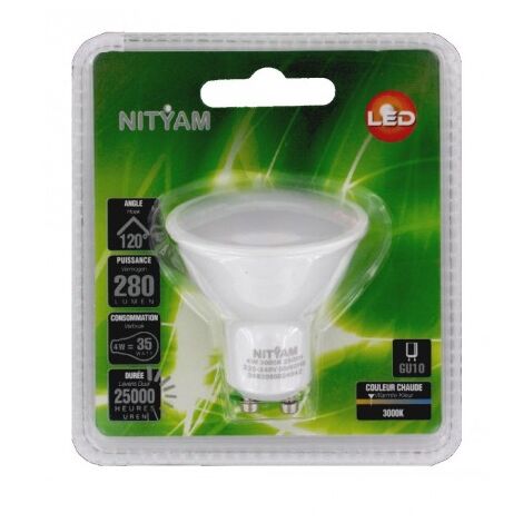 Ampoule LED GU10 4W blanc chaud 3000K – 300lm – Non-dimmable – 20 000h de durée de vie – Pour usage domestique – Nityam