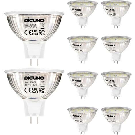 Ampoule LED GU5.3 Blanc Froid 6000K, MR16 LED 12V 5W Equivalent à 50W Halogène, Ampoules LED Spot Non Dimmable, Lot de 10