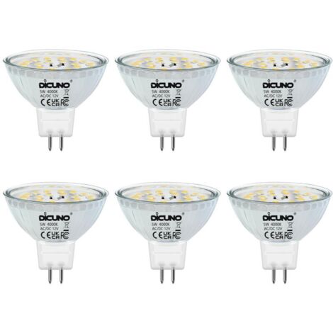 Ampoule LED GU5.3 MR16 5W, Blanc neutre 4000K, Non dimmable, 12V Ampoules LED Spot GU 5.3, Équivalent halogène 50W, 500LM, Angle de faisceau 120 °, Lot de 6 [Classe énergétique F]