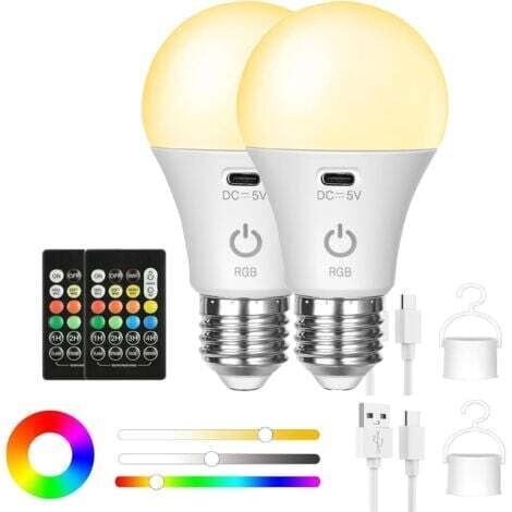 CREA Ampoule LED Rechargeable Avec Telecommande, Ampoule E27 Couleur Sans Fil, USB C Batterie Ampoule RGB Avec Crochet, Pour Intérieure et Extérieure (2 pièces)