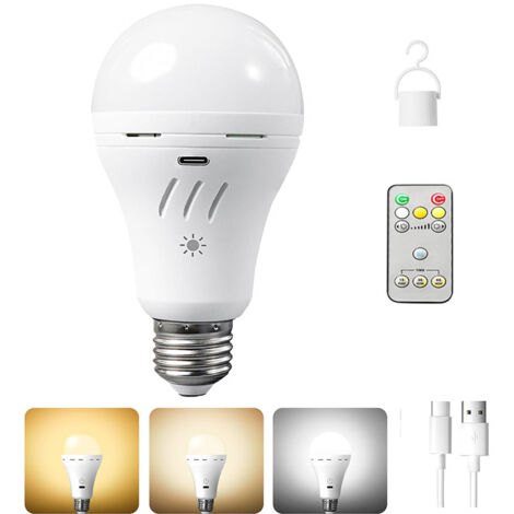 Ampoule LED rechargeable sans fil, Ampoule de secours avec télécommande – E27, 7W, 3 températures de couleur et variateur d‘intensité – Accroche intégrée pour panne de courant, Camping, Usage extérieu