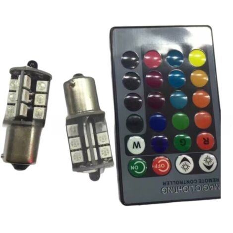 Ampoule LED RGB Ambre Blanc Rouge Multicolore 16 Couleurs Changeantes pour Feux de Freinage. Clignotants. Feux de Recul. Feux Arrière. Stroboscope Lumineux. Kit de Télécommande pour