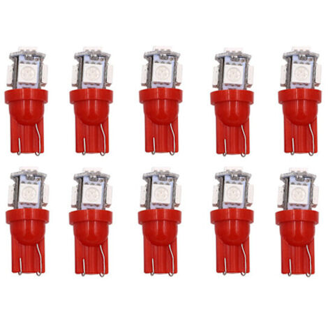 Ampoule LED rouge T10 W5W, avec 5 puces SMD 5050, 12 V CC, 10 ampoules par paquet. Rouge.