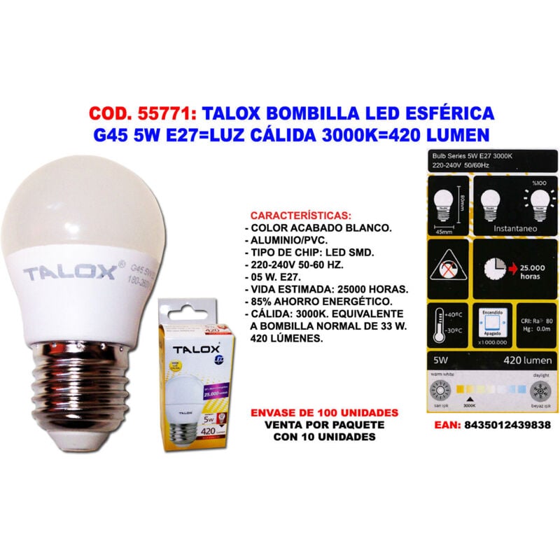 Fplus - Ampoule led Sphérique G45 5W E27 Lumière Chaude 3000K 420 Lumens