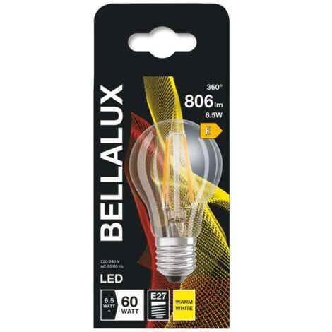 Ampoule LED verre transparent standard E27, 6.5W, blanc chaud.