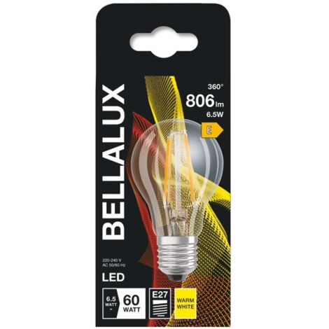 Ampoule LED verre transparent standard E27, 6.5W, blanc chaud.
