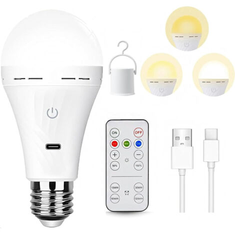 Ampoule rechargeable avec télécommande, ampoule à intensité variable 3 couleurs, ampoule USB E27, ampoule à piles, ampoule de secours