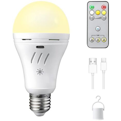 Ampoule rechargeable avec télécommande, peut accrocher une ampoule d'urgence de tente, dimmable en trois couleurs, base E27, dimmable, 2200mAh