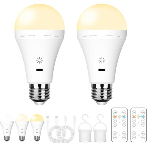 Ampoule Rechargeable USB Avec Télécommande, 3 Températures de Couleur, E27 LED Dimmable à Batterie, 5W Touch Control Avec Minuterie, Secours Avec Crochet, 2600mAh, 2 Pack