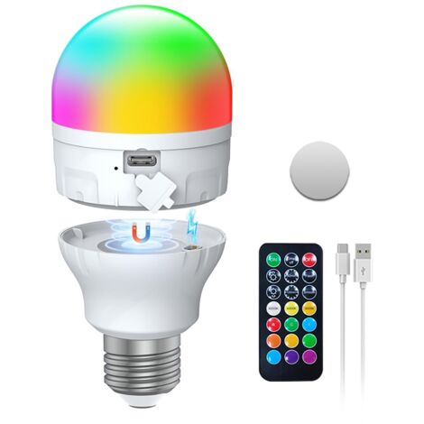 Ampoule Rechargeable USB-C Avec Télécommande, Ampoules LED AC100-240V E27 7W, Ampoule Rechargeable à Commande Tactile Et Intensité Variable 3 Couleurs, Lampe De Secours 2000mAh Avec Aimant, E27-rgbcct