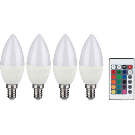 Ampoule RGB LED E14 dimmable avec télécommande Bougie avec changement de couleur, 4,8 watts 470 lumens blanc chaud, DxH 3,6x11 cm, lot de 4