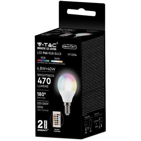Ampoule RGB LED E14 dimmable avec télécommande Boule avec changement de couleur, 4,8 watts 470 lumens blanc chaud, DxH 4,5x8,8 cm, V-Tac 3029