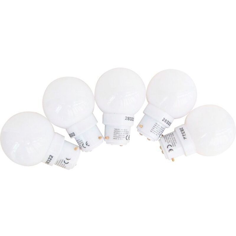 Lot 5 Ampoules led Sphériques Blanc B22 Diam. 45mm, 0.8W, 50 lumens, 3000K Blanc-chaud, plastique haute résistance conçu pour l'extérieur - Tibelec