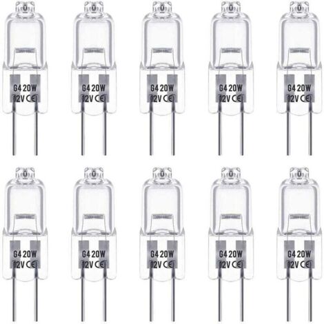 Ampoules Halogènes G4, Lampe de Base à Broche Halogène 12V 20W, Blanc Chaud 2800K, Gradable, Lampe Halogène Basse Tension G4, Lampe à Capsule Transparente, Paquet de 10 56Vingt