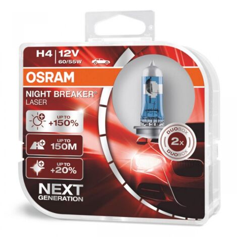 Ampoules halogènes Osram H4 12V 60/55W P43t Night Breaker Laser +150% /2 pièces/