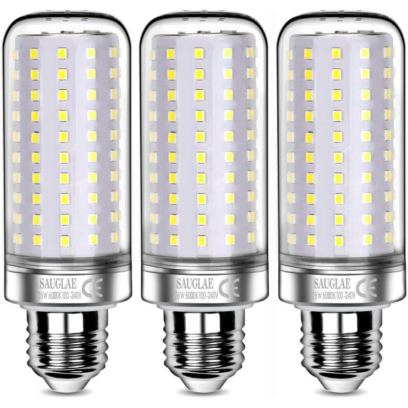 Memkey - 26W led Bulbs, 200W Incandescent Bulb Equivalent, 3000Lm, 6000K Cool White, E27 Edison Screw Bulbs, 3 Pack [Energy Class e]