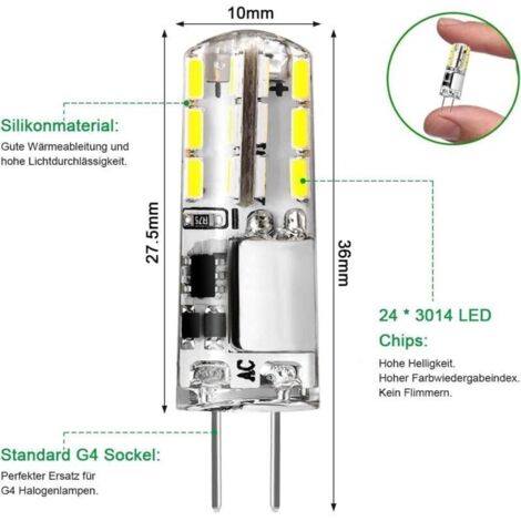 Ampoules LED G4 12 V – 2 W (équivalent 20 W halogène), blanc froid 6000 K, 180 lm, sans scintillement, lot de 10, non dimmable