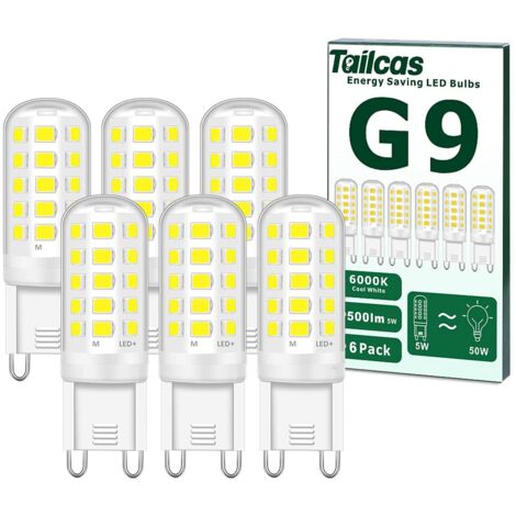 Ampoules LED G9, 5 W équivalent à une lampe halogène de 50 W, blanc froid 6000 K 500 lm non dimmable sans scintillement AC 220-240 V, lot de 6 [Classe énergétique E]