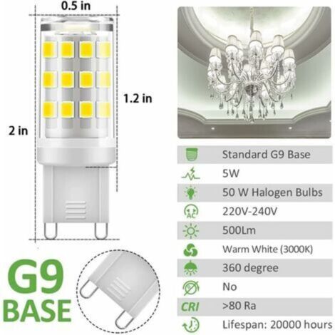 Ampoules LED G9, blanc chaud 3000K, 5W. Luminosité équivalente à une ampoule halogène de 40W, 420 lumens, non dimmable, paquet de 2 [Classe énergétique A+].