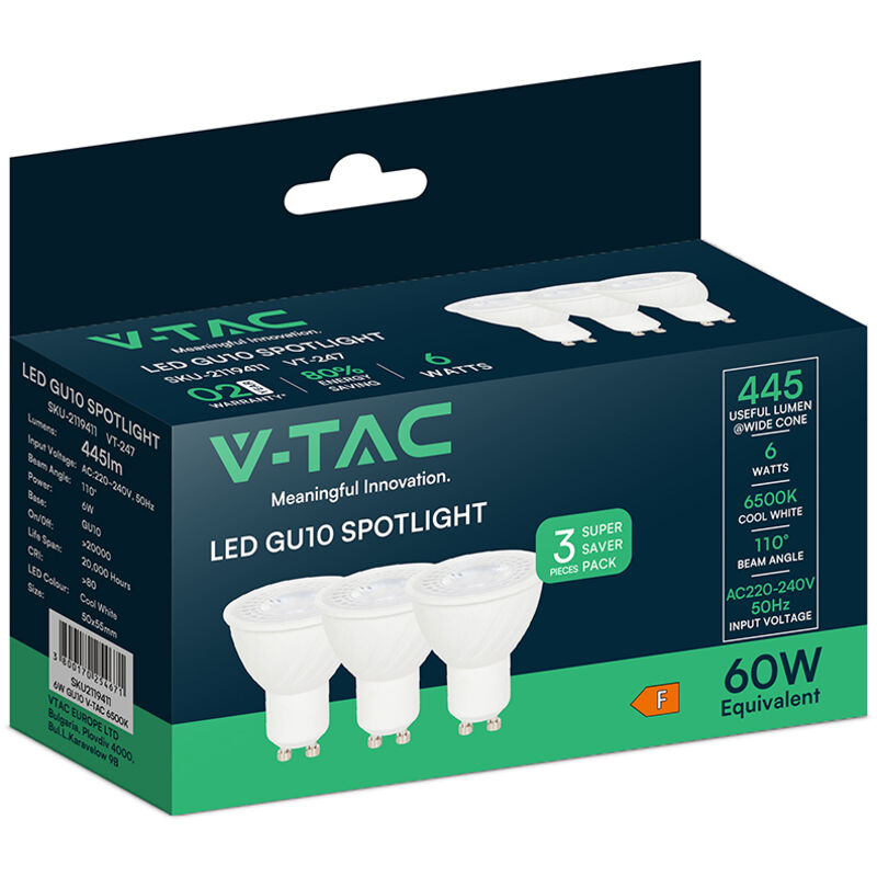Spot LED V-TAC - GU10 - IP20 - Blanc - 6 W - 445 lumens - 6500 K - Lot de 3