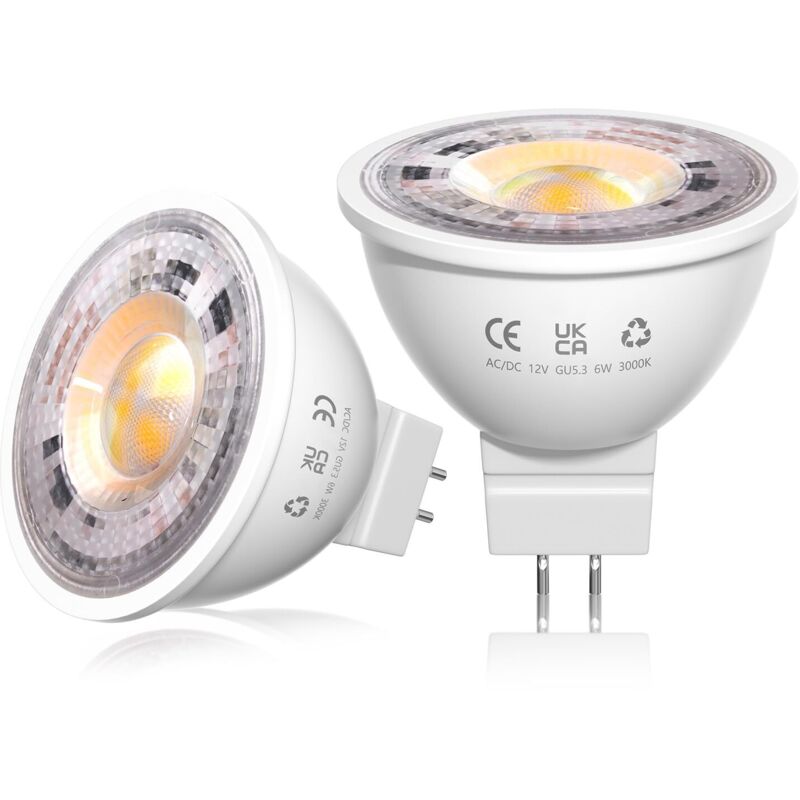 Ampoules LED MR16 Blanc Chaud 3000K, Ampoules LED GU5.3, Ampoule Spot LED 12V, 6W=50W Lampe Traditionnelle, 38° Angle, Non-Dimmersible, Lot de 2,