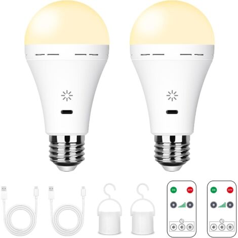 Ampoules LED rechargeables 7 W E27 avec télécommande et variateur tactile  Lampe de secours pour le camping (blanc chaud) - Lot de 2-AquaForge