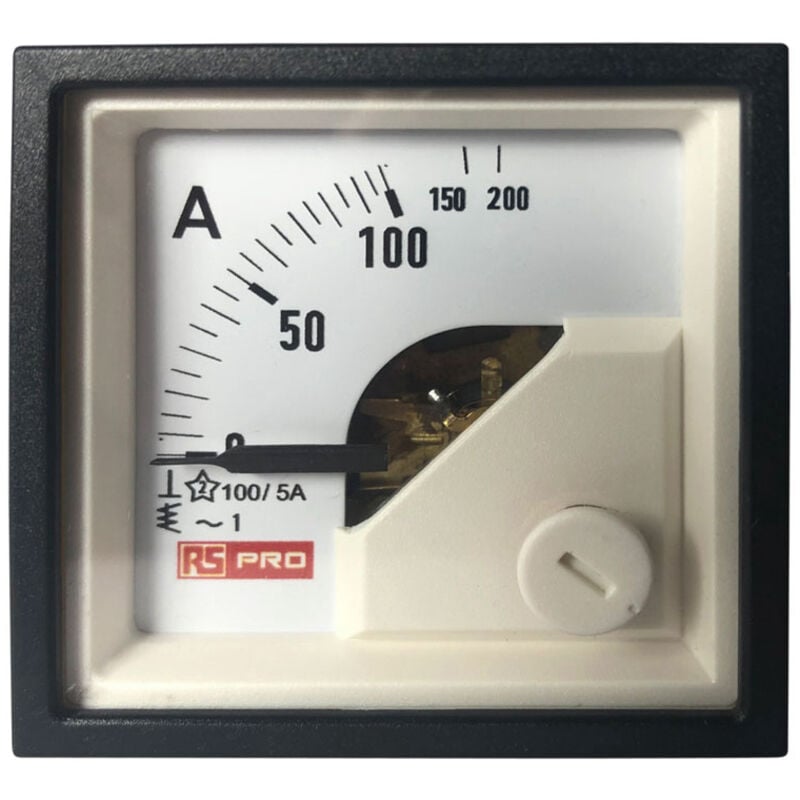 Ampèremètre analogique de panneau V c.a. RS PRO, Echelle 10 (Input) A, 100/5 (CT) A, 200 (Scle) A, 48mm x 48mm ( Prix pour 1 )