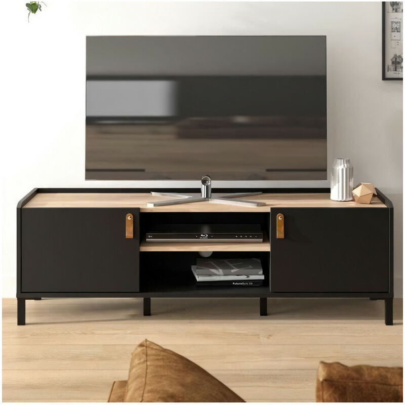 AMSTERDAM Meuble TV - Style industriel - Décor chene noir - L 136 x P 40 x H 44 cm