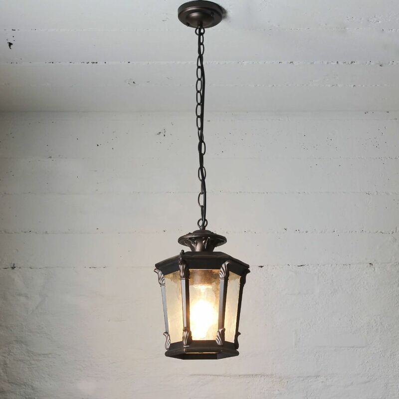 Image of Lampada a sospensione per esterni design a lanterna color bronzo antico in vetro Illuminazione Ingresso Balcone Porticato E27 - Bronzo antico