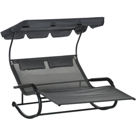 AMXCNOY Bain de soleil double avec parasol, fauteuil à bascule sur roulettes, chaise longue de jardin avec appui-tête, charge maximale 220 kg, pour 2 personnes, gris foncé, 200 x 139 x 140 cm