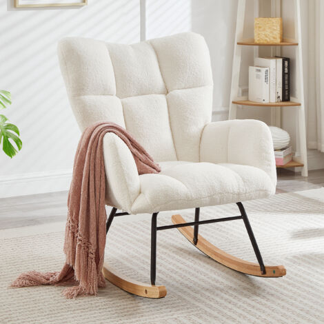 AMXCNOY Chaise baladaille moderne 69×89×101 CM – Fauteuil polyvalent pour salon, chambre, bureau, pépinière et balcon, Fauteuil élégant avec base en bois et cadre métallique, design scandinave, Blanc