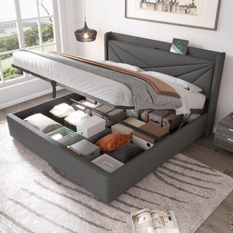 AMXCNOY Lit double capitonné avec rangement, coffre de lit avec fonction de chargement USB Type C, tête de lit, lits coffres, cadre de lit en lin, lit junior 140x200 avec sommier à lattes (sans matela