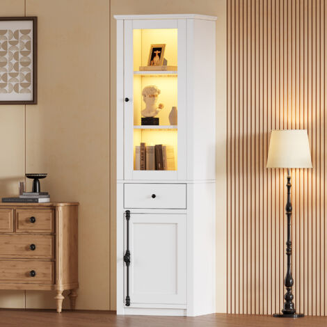 AMXCNOY Vitrine de 55 x 40 x 200 cm de hauteur, avec un tiroir, vitrine autoportante à deux portes, vitrine en verre avec éclairage LED, blanche, avec poignées en métal et alliage d'aluminium