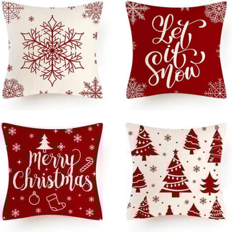 AMZQJD 4 Pièces Taie d'Oreiller de Noël Styles d'éléments de Noël Motif Housse de Coussin Décorative Taies d'Oreiller en Lin et Coton (40 x 40 cm, Noël Rouge)