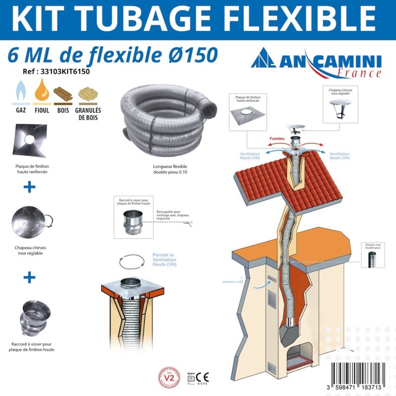 AN CAMINI Kit tubage flexible inox Ø150 – 6 mètres – avec plaque de finition, chapeau chinois et raccord