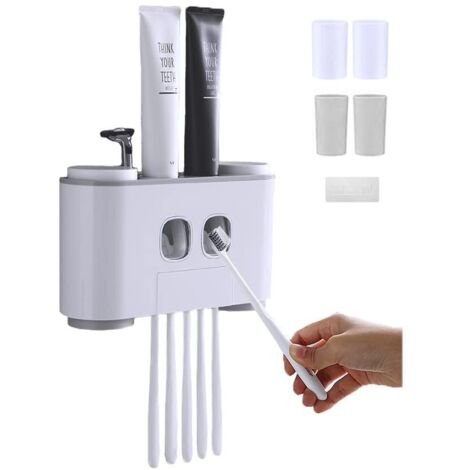 An der Wand montierter Zahnbürstenhalter für 4 Personen mit 2 Zahnpastaspendern, 4 Bechern und 5 Zahnbürstenfächern (grau)