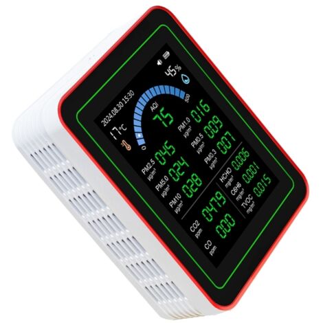 Analizzatore di qualità dell'aria 18 in 1: CO2, TVOC, HCHO, PM2.5, PM10, temperatura, umidità. Tester per interni alimentato a batteria. Memorizzazione dei dati.
