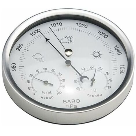 Analog dial barometer weather station with thermometer and hygrometer for atmospheric pressure measurements simple and easy to read.