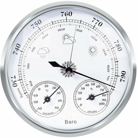 analog weather station - Analog weather station for indoors and outdoors - Consisting of barometer, thermometer and hygrometer（Silver,128mm）